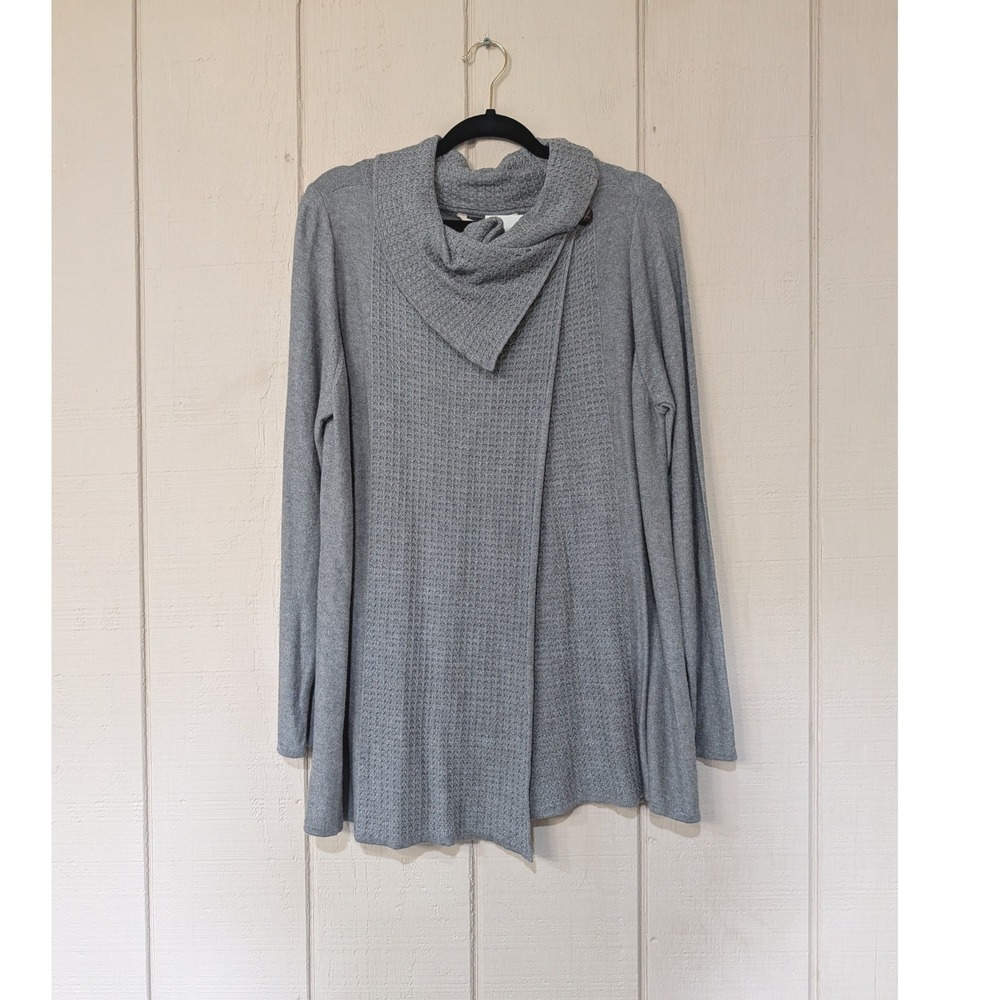 Soft Surroundings Grey Waffle Knit Cowl Neck Asymmetrical Wrap Sweater XL‎